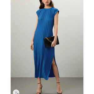 Atlein Navy Blue Plisse Pleated Midi Dress XS Shift Career Office Designer $260